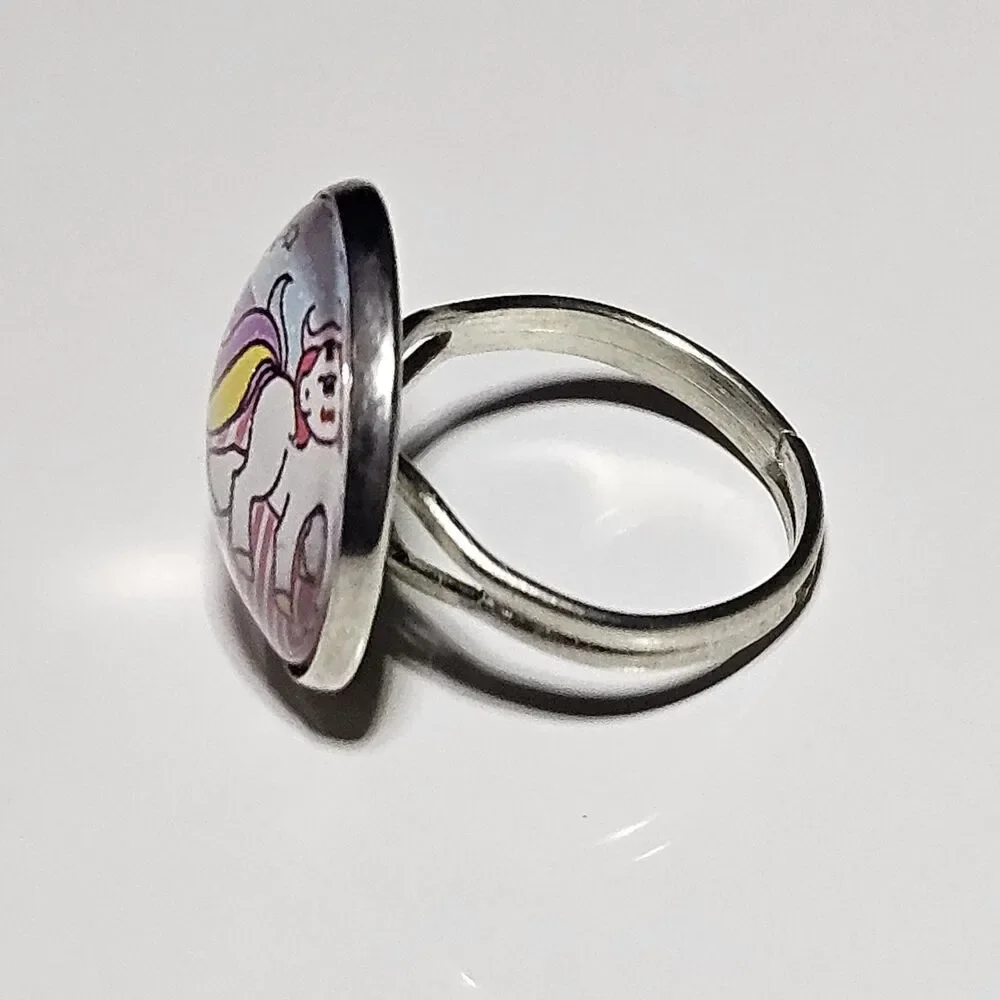 Silver Tone Carbochon Pastel Pink Blue Purple Unicorn Adjustable Ring